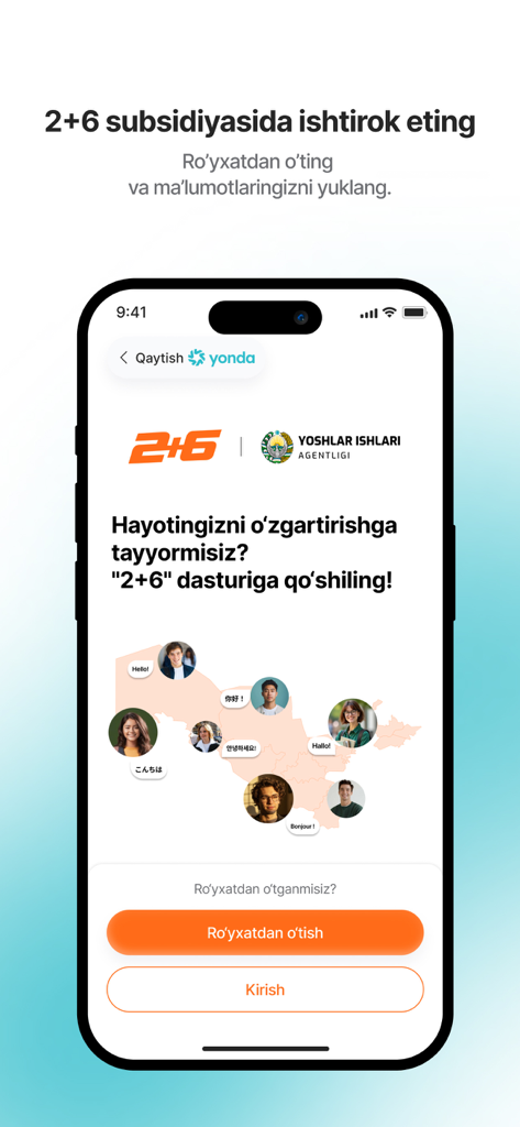yonda.uz - Registration screen for the 2 plus 6 youth program on the yonda app showing a map of Uzbekistan.