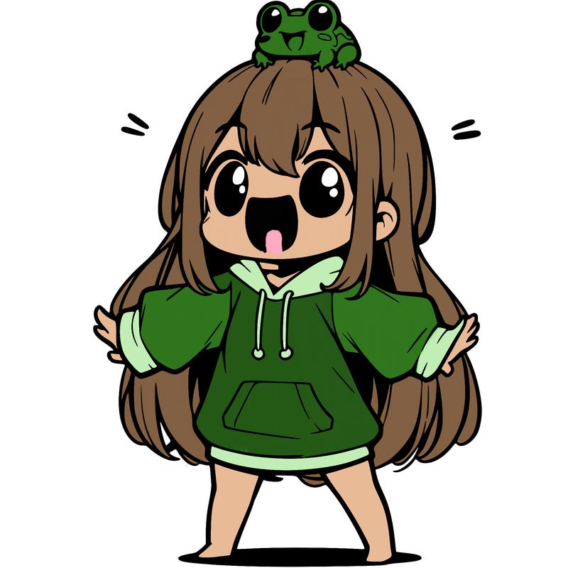 a excited chibi girl whith long hair and a baggy shirt whith a frog on there head