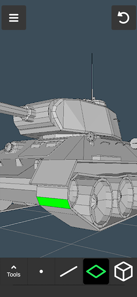 3D modeling: Design my model - A 3D tank model being edited with the face selection tool in the mobile app interface