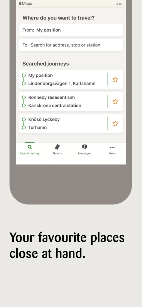 Blekingetrafiken mobile app interface showing journey search and favorite destinations
