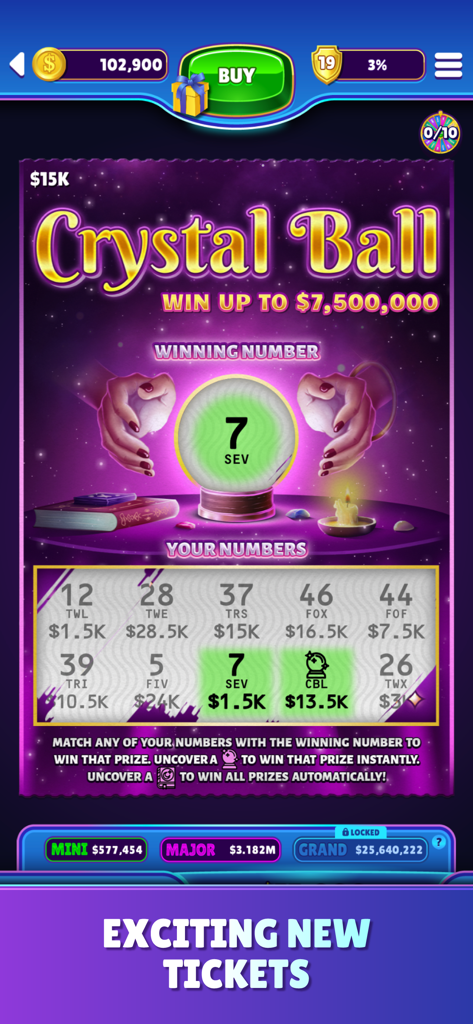 A mobile game screenshot of Jackpot Scratchers showing a Crystal Ball themed scratch-off ticket with a winning number match.