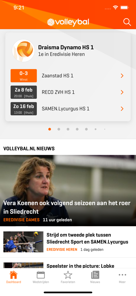 Dashboard of the Volleybal.nl Mijn Volleybal app featuring team standings match schedules and volleyball news