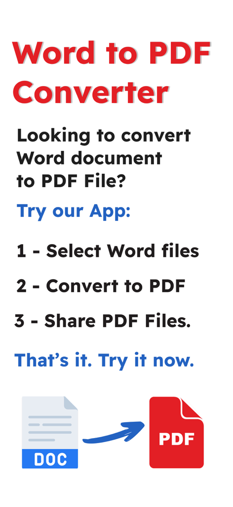 Word文書をPDFファイルに変換する3ステッププロセス（ファイルを選択、PDFに変換、ファイルを共有）を示すグラフィック。