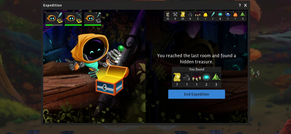 Illuminaria - Un robot abriendo un cofre del tesoro escondido después de completar una expedición en el juego Illuminaria