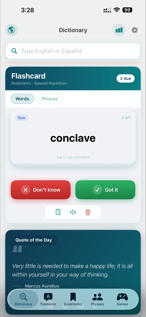 Dictionary & Translator Pro - A vocabulary flashcard for the word conclave in the Dictionary and Translator Pro app with options for spaced repetition study and a quote of the day.