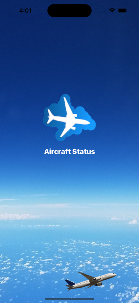 Pantalla de inicio de la aplicación Aircraft Status con el logotipo de un avión y un fondo de cielo azul