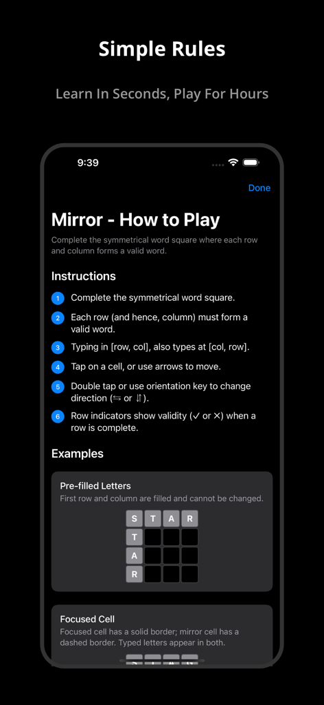 Offline Game: Wreflecto Word - Una pantalla de tutorial para Wreflecto Word que explica las reglas del modo de juego Espejo con un cuadrado de palabras de ejemplo.