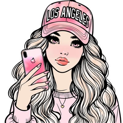 realistic beautiful girl wearing los ángeles cap holding an iphone