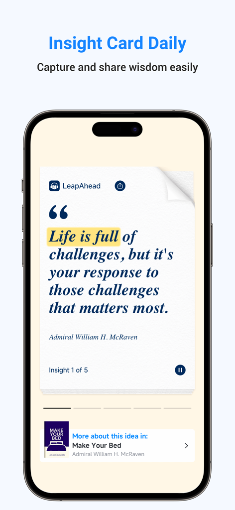 LeapAhead App zeigt eine tägliche Einblickkarte mit einem inspirierenden Zitat aus dem Buch Make Your Bed