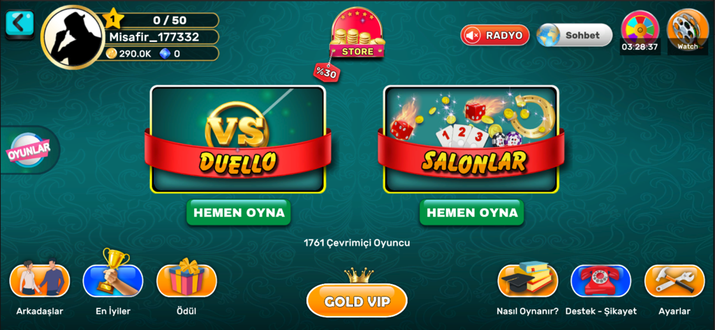 101 Yüzbir Okey Zade Games - Main menu of 101 Yuzbir Okey Zade Games app featuring Duel and Saloon game modes