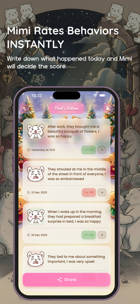 My Love Score: Love Tracker - A mobile interface displaying a history of partner actions with assigned love scores and cute bear illustrations
