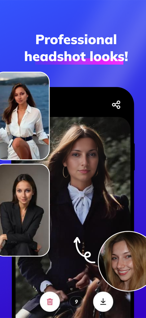Vizia app interface demonstrating the professional AI headshot generator with various business and formal style results