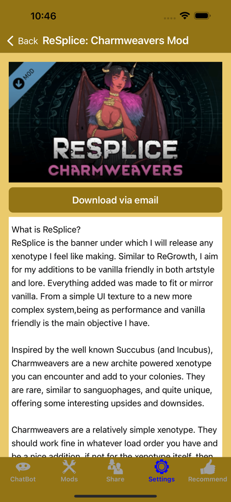 RimW - Game Mods (RW, Rim) - RimWアプリで、ReSplice Charmweavers MODの詳細を表示する画面