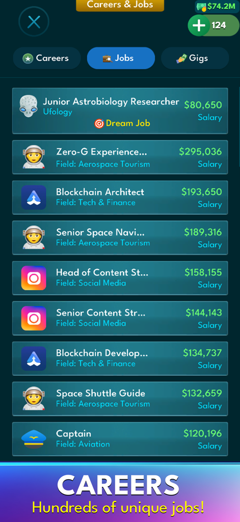 AltLife - Life Simulator - Écran du menu des options de carrière du simulateur de vie AltLife montrant une liste d'options de carrière et d'emplois avec les salaires