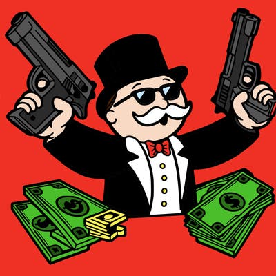 monopoly man holding guns and money