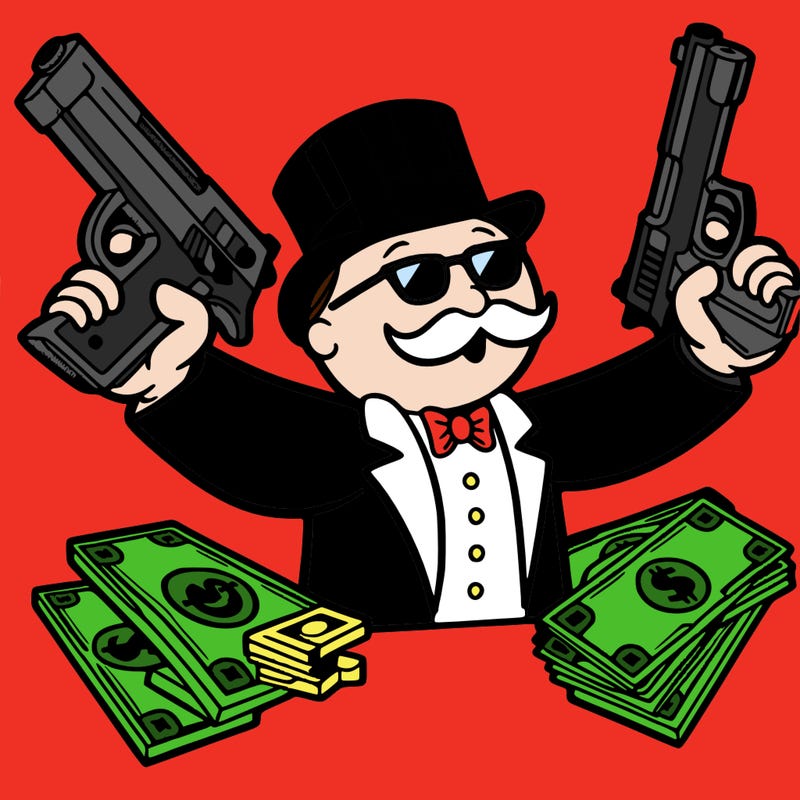 monopoly man holding guns and money