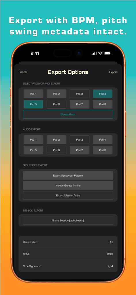 Echo Beach app export options interface showing MIDI and audio export settings for music production