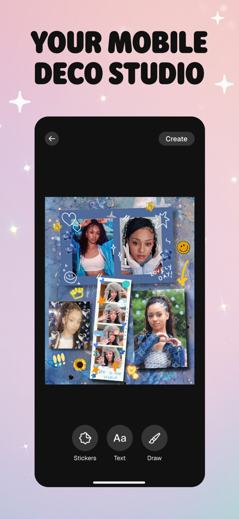 Moshicam Photo Editor & Frames - Écran de l'application Moshicam montrant un collage photo esthétique avec des autocollants et des cadres