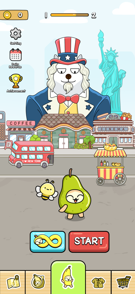 Banana Cat Run: World Travel - Banana Cat wearing a pear costume on the New York world map with a Shiba dog dressed as Uncle Sam