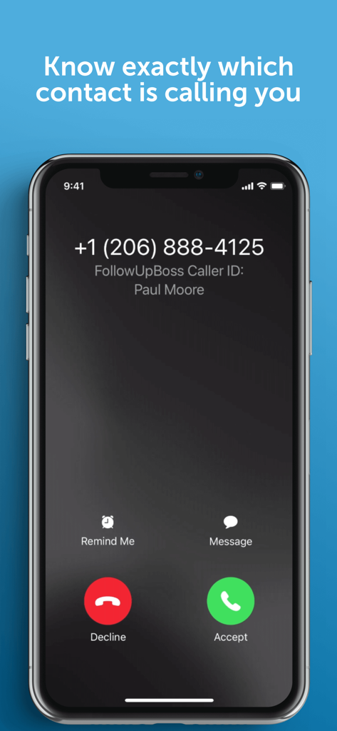 Follow Up Boss - Pantalla de llamada entrante en la aplicación Follow Up Boss mostrando el nombre del contacto y la identificación de llamada para agentes inmobiliarios