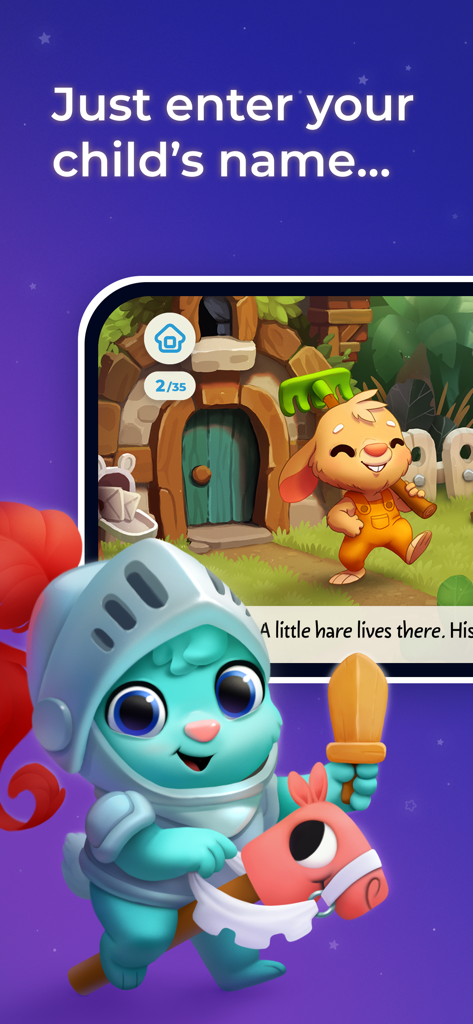 Little Stories: Bedtime Books - Un personnage de lapin bleu déguisé en chevalier chevauchant un cheval à bascule, avec en arrière-plan une illustration de livre d'histoires et un texte demandant d'entrer le nom de l'enfant.