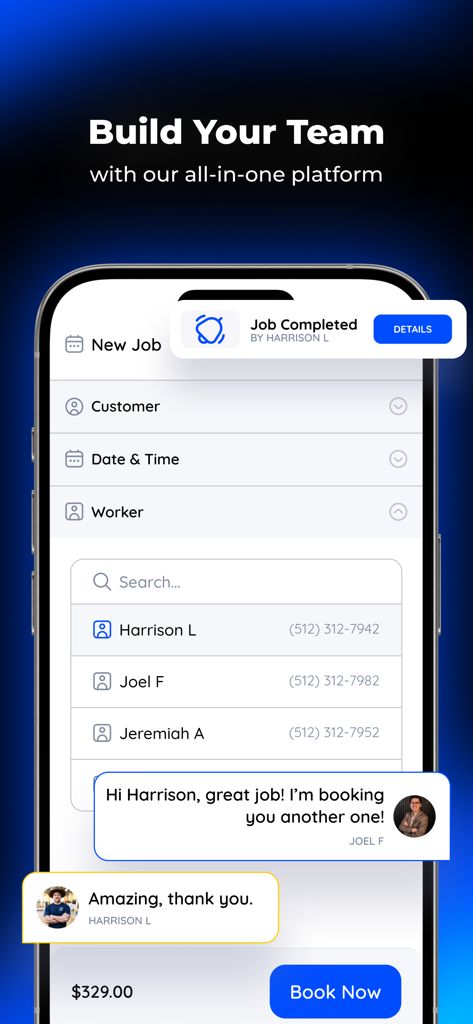 fieldd - Interfaccia dell'app Fieldd che mostra una schermata di gestione del team con un elenco di lavoratori e notifiche di completamento del lavoro in tempo reale