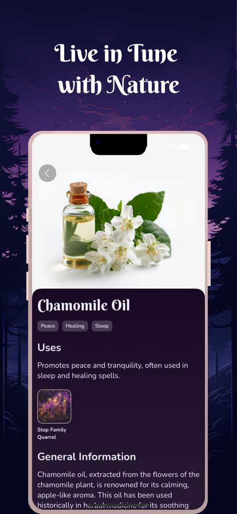 Witchcraft & Wicca - Coven App - A mobile app screen displaying the properties and spiritual uses of Chamomile oil within the Coven witchcraft app.
