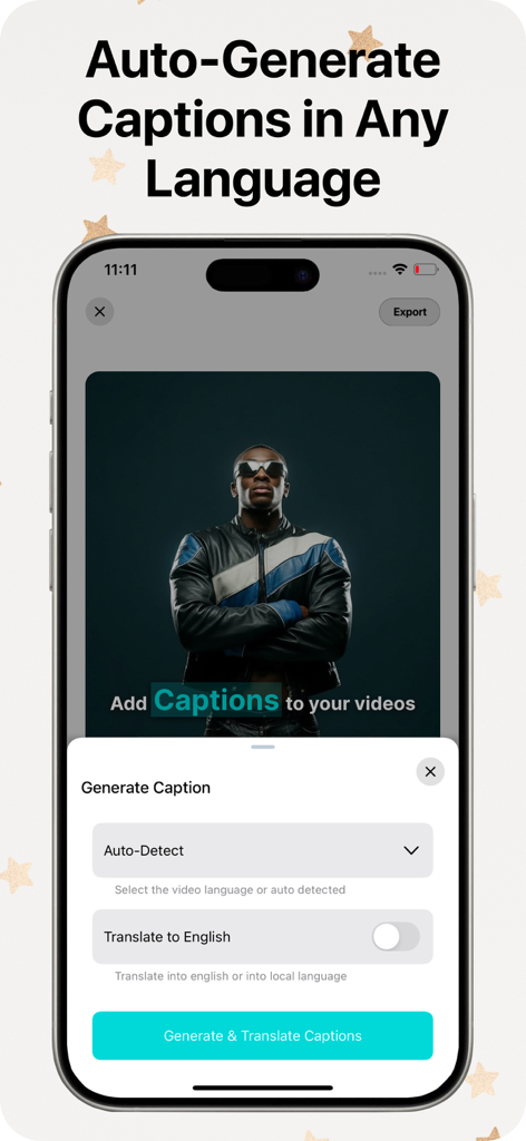 Video Background Changer - A mobile app interface demonstrating the auto-generate captions and translation feature on a video.