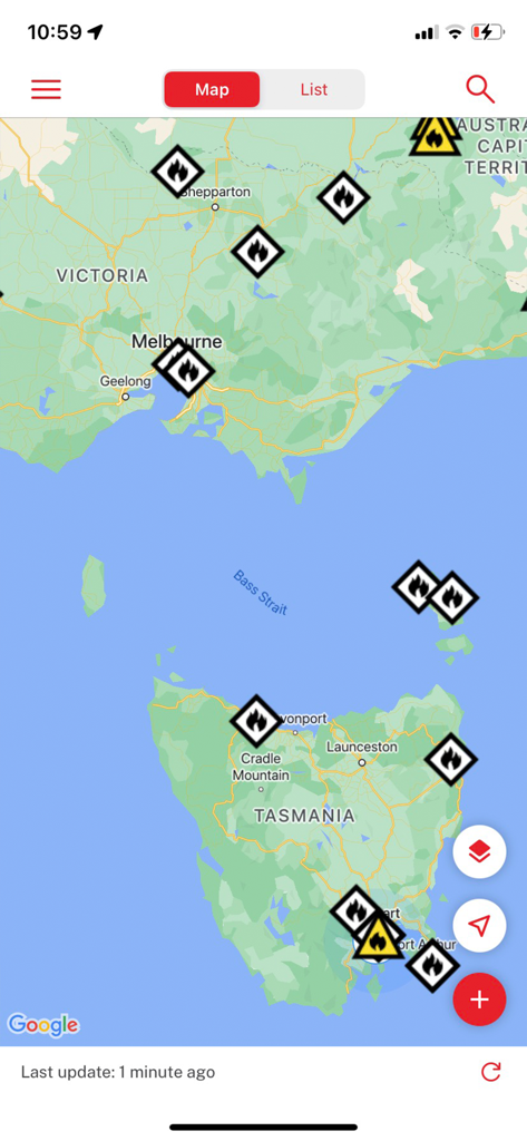 Fires Near Me Australia - Mobile app screenshot showing a map of fire incidents in Victoria and Tasmania Australia
