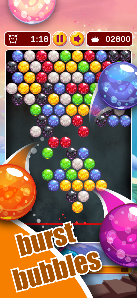Gameplay screen of Bubble Shooter and Classic Match featuring colorful bubbles to pop and a timer