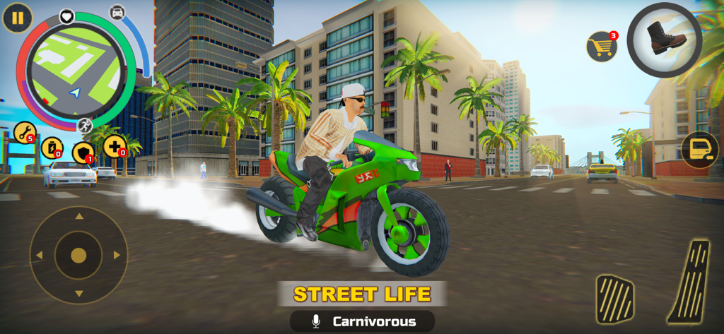 Miami Crime Simulator - A character riding a green sports motorcycle through a city street in Miami Crime Simulator