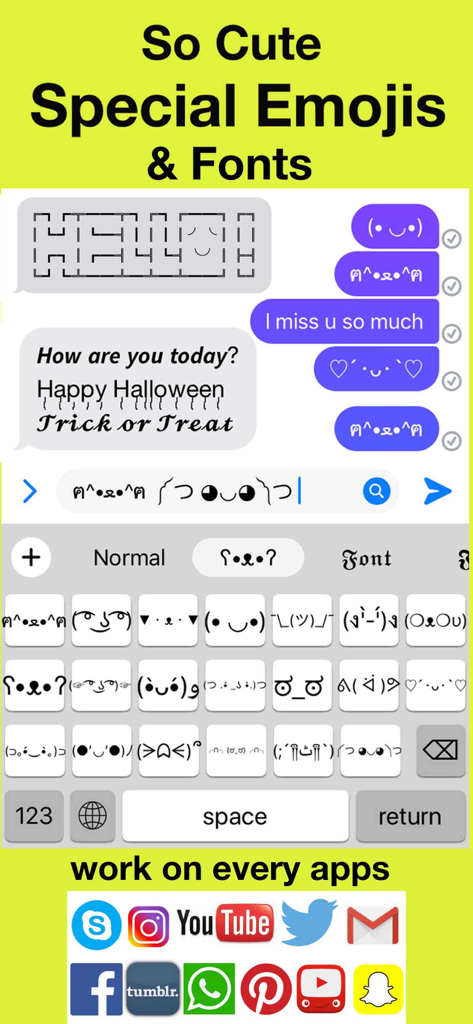 Font Keyboard - Fonts Chat - Un teclado que muestra varios emojis bonitos y fuentes especiales para aplicaciones de redes sociales.