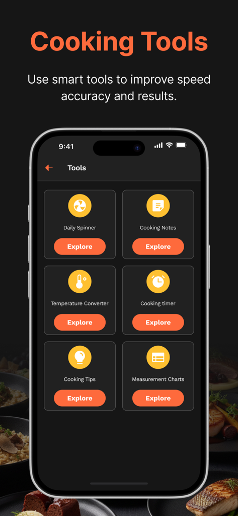 allrecipes ® - Interfaz de la aplicación Allrecipes que muestra herramientas de cocina, incluido un temporizador y un convertidor de temperatura