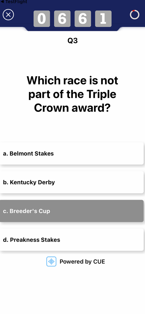 Una pregunta de trivia deportiva sobre la Triple Corona de carreras de caballos dentro de la interfaz de la aplicación Stadium FX.