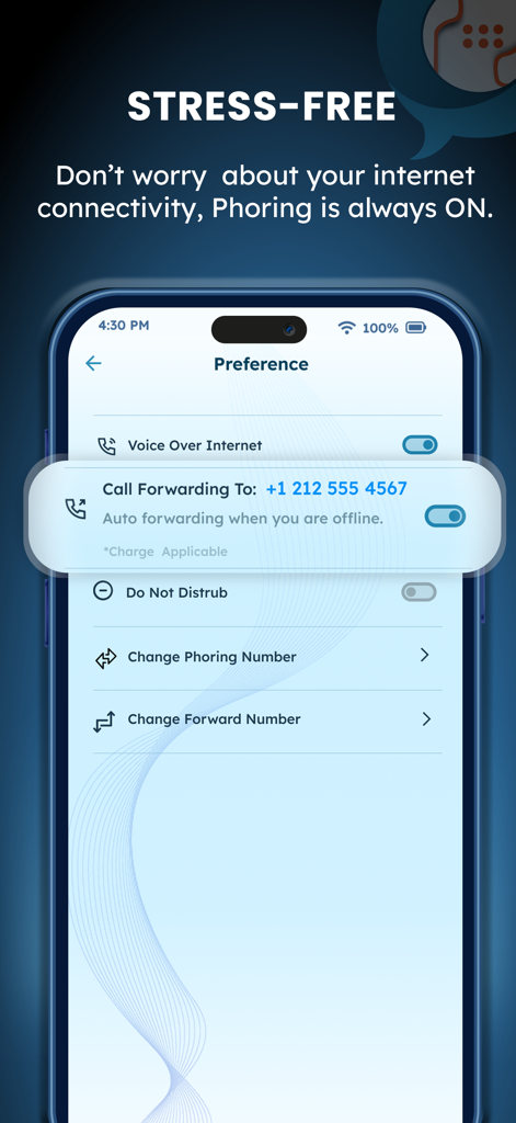 Phoring - Smartphone screen displaying Phoring app preference settings with call forwarding enabled for offline access.