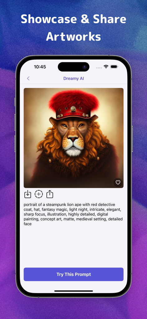 A mobile app interface displaying an AI-generated portrait of a steampunk lion in a red detective coat with a Try This Prompt button below.