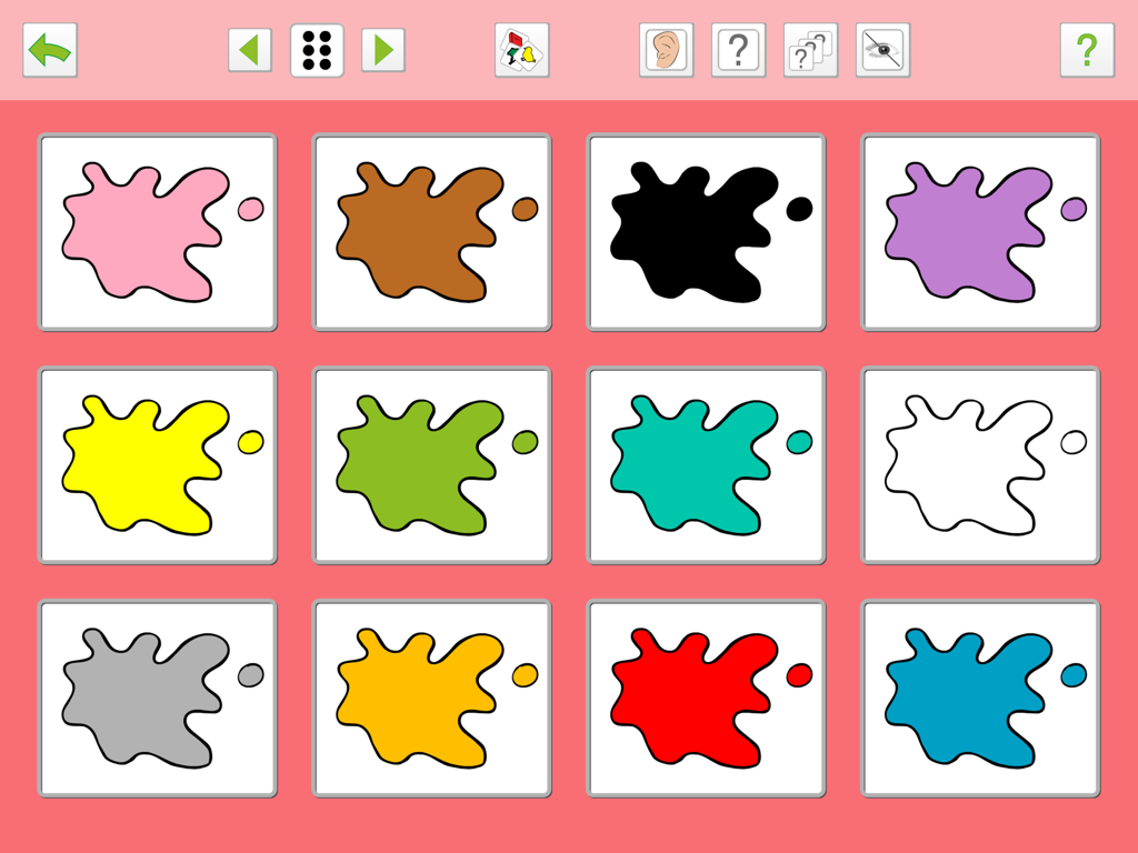 Cuadrícula educativa que muestra varias salpicaduras de pintura de colores para entrenamiento de vocabulario y reconocimiento de colores.