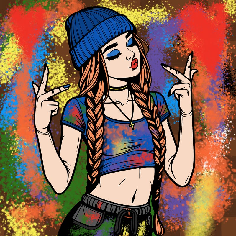 realistic teenage girl with braids and a beanie and crop top doing 🫶🏼