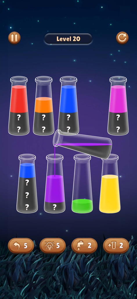 Color Water Sort Wooden Puzzle - Juego de Rompecabezas de Madera para Ordenar Agua que muestra el nivel 20 con líquido de color siendo vertido en un tubo de vidrio.