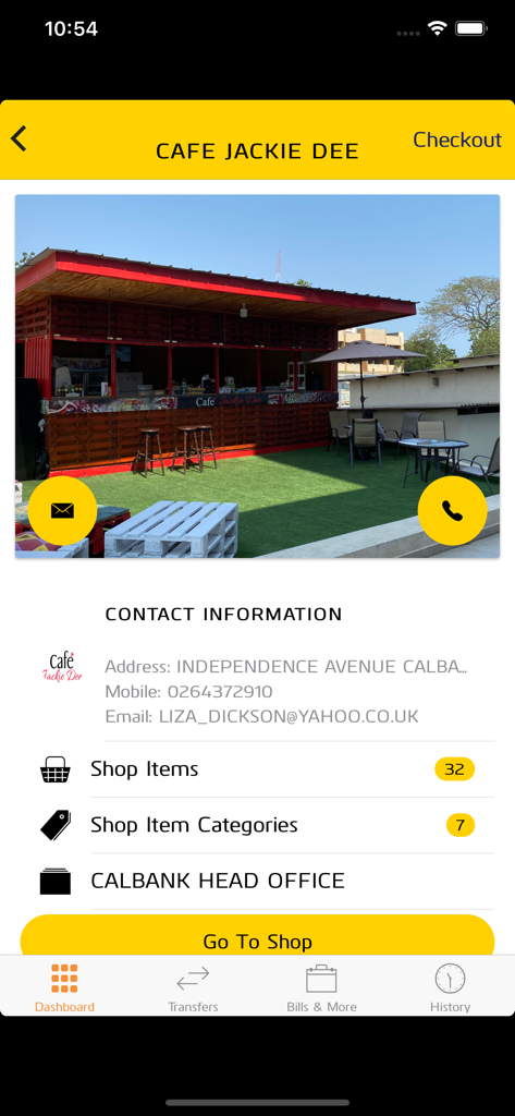 CalBank App - Merchant profile page for Cafe Jackie Dee within the CalBank app showing shop items and contact details.