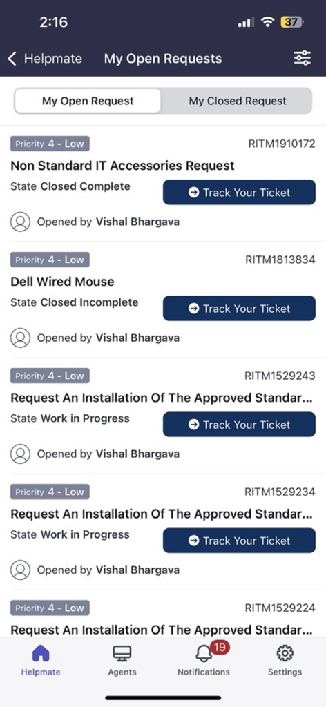 Genpact Hub - List of open service requests and ticket tracking in the Genpact Hub mobile app