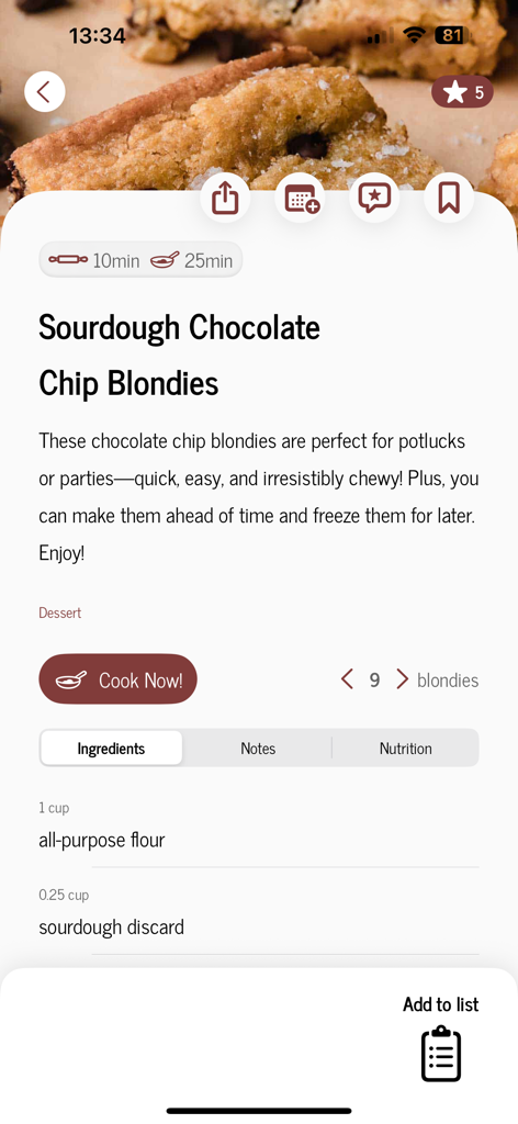 Sourdough Chocolate Chip Blondies recipe details in the Little Spoon Farm app