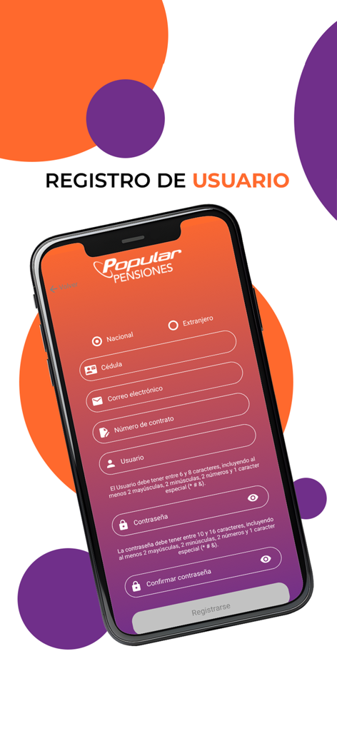 Registration form for the Popular Pensiones mobile app