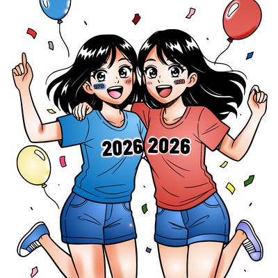 a girl celebrating the new year with her best friend. both asian girls about 17 years old, please no background, and the have a 2026 tattoo on their cheeks.