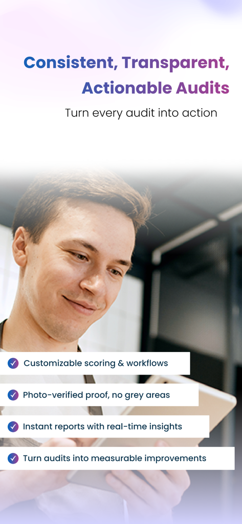 Taqtics mobile app interface highlighting retail audit features including customizable workflows and photo-verified proof