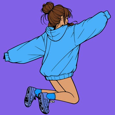 realistic girl jumping with a bun and oversized sweatshirt