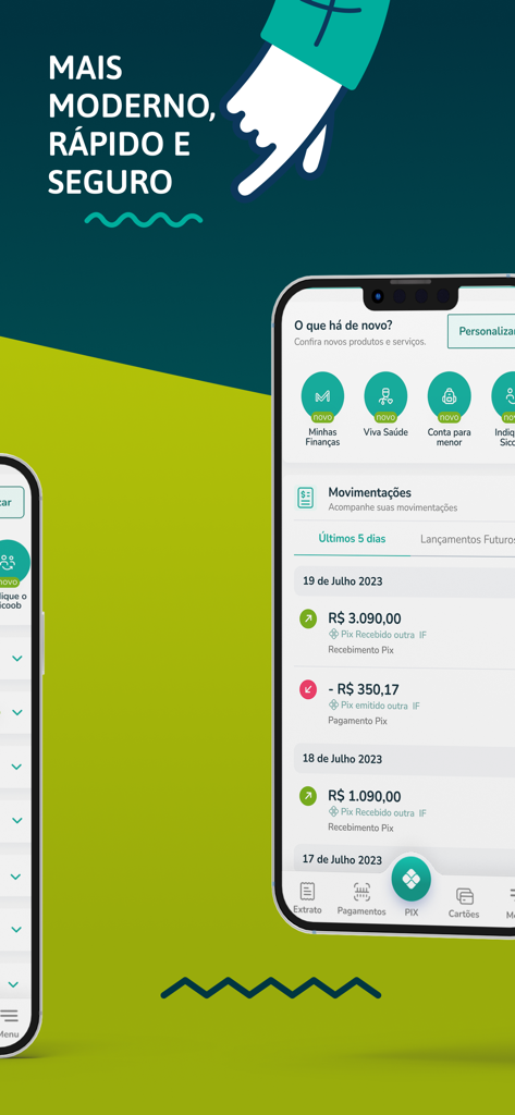 Interfaz de la aplicación de banca móvil Sicoob que muestra transacciones y funciones de gestión financiera