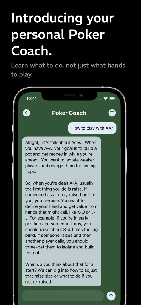 KI-Pokercoach-Chat-Interface in der PushFold-App, das erklärt, wie man Pocket Aces spielt