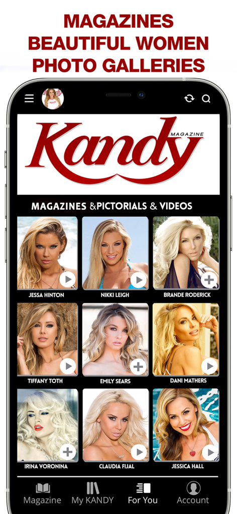 KANDY Magazine: Photo Stories - Kandy Magazine app interface showing photo galleries of beautiful women and glamour models.