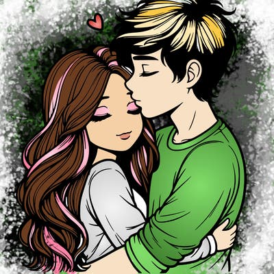 a realistic couple boy and girl hugging and kissing